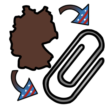 the shape of Germany, colored brown, next to a big silver paperclip. There are arrows going from Germany to the paperclip. The arrows are brown at the tails, but at the tip are patterned in red, white and blue.